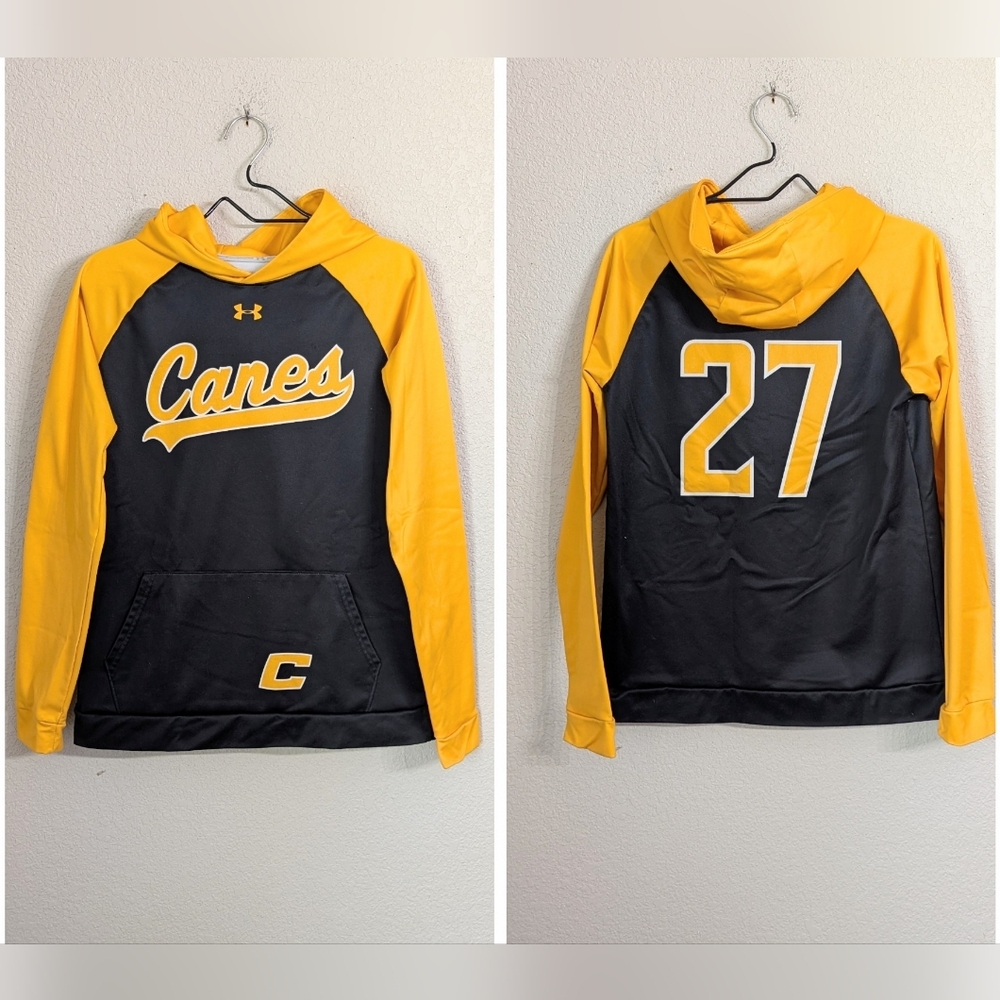 Under Armour Canes Baseball Youth XL Yellow Black Hoodie Sweatshirt Front Pouch
